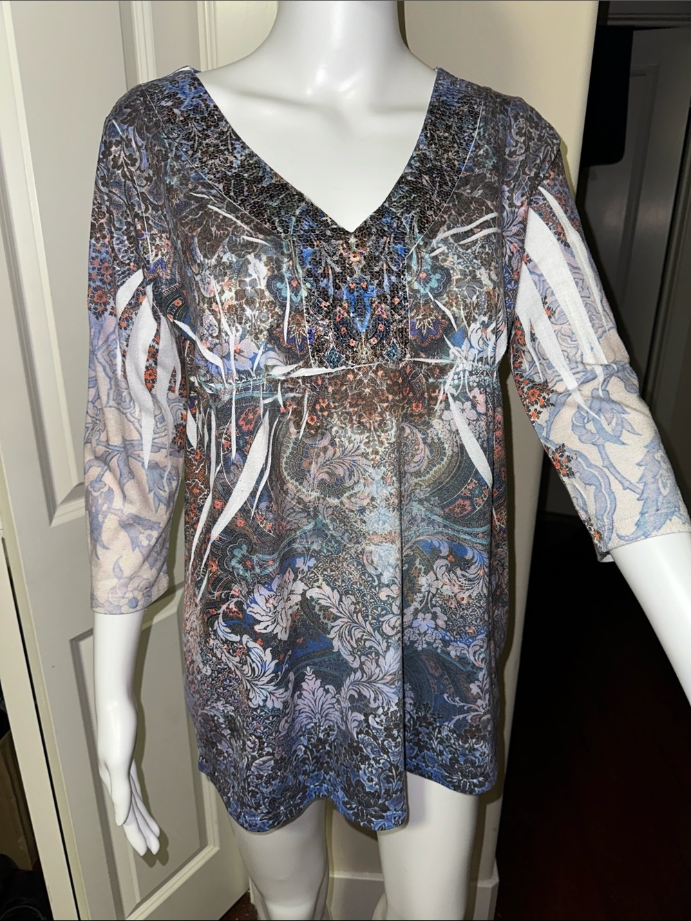 Kiara Boho Sheer Empire Waist Embellished V-Neck Blouse M